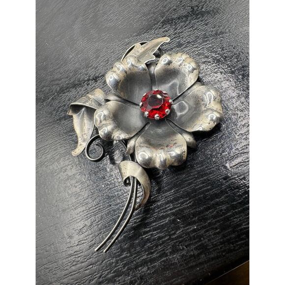 Unbranded Jewelry - Vintage Sterling Silver Red Rhinestone Flower Brooch Pin Pendant Art Deco